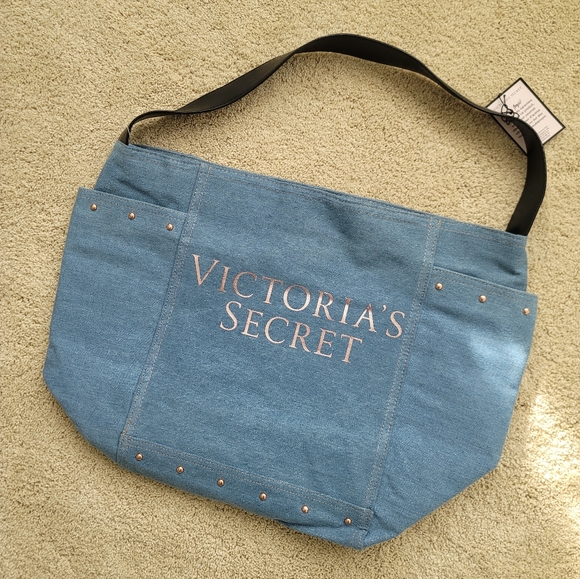 NWT Victoria's Secret Logo Denim Carryall Tote Bag Blue Studded - Picture 2 of 6